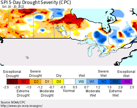 Canada SPI 5-Day Drought Severity (CPC) Thematic Map For 10/16/2022 - 10/20/2022