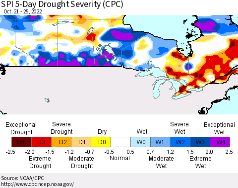 Canada SPI 5-Day Drought Severity (CPC) Thematic Map For 10/21/2022 - 10/25/2022