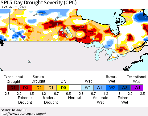 Canada SPI 5-Day Drought Severity (CPC) Thematic Map For 10/26/2022 - 10/31/2022