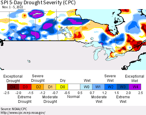 Canada SPI 5-Day Drought Severity (CPC) Thematic Map For 11/1/2022 - 11/5/2022