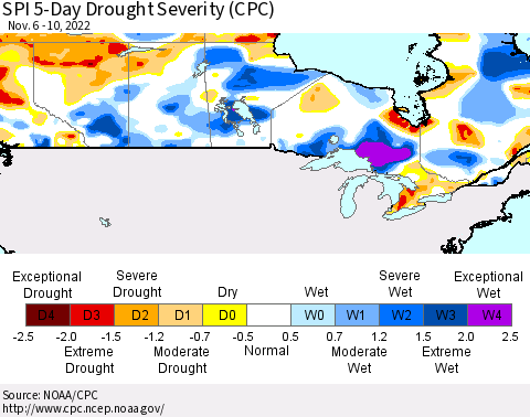 Canada SPI 5-Day Drought Severity (CPC) Thematic Map For 11/6/2022 - 11/10/2022