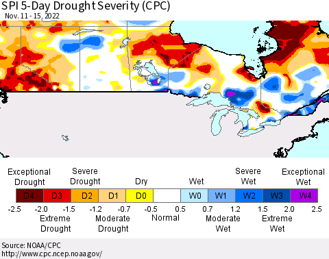Canada SPI 5-Day Drought Severity (CPC) Thematic Map For 11/11/2022 - 11/15/2022