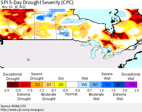 Canada SPI 5-Day Drought Severity (CPC) Thematic Map For 11/16/2022 - 11/20/2022
