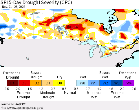 Canada SPI 5-Day Drought Severity (CPC) Thematic Map For 11/21/2022 - 11/25/2022