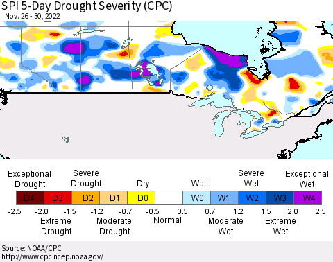 Canada SPI 5-Day Drought Severity (CPC) Thematic Map For 11/26/2022 - 11/30/2022