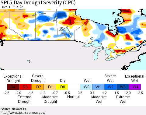 Canada SPI 5-Day Drought Severity (CPC) Thematic Map For 12/1/2022 - 12/5/2022