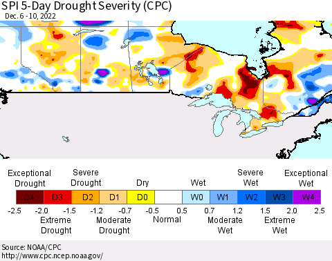 Canada SPI 5-Day Drought Severity (CPC) Thematic Map For 12/6/2022 - 12/10/2022