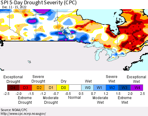 Canada SPI 5-Day Drought Severity (CPC) Thematic Map For 12/11/2022 - 12/15/2022