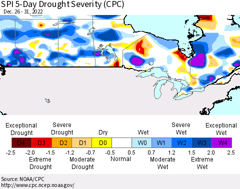 Canada SPI 5-Day Drought Severity (CPC) Thematic Map For 12/26/2022 - 12/31/2022