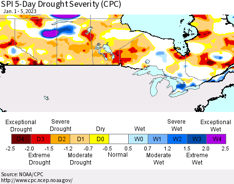 Canada SPI 5-Day Drought Severity (CPC) Thematic Map For 1/1/2023 - 1/5/2023
