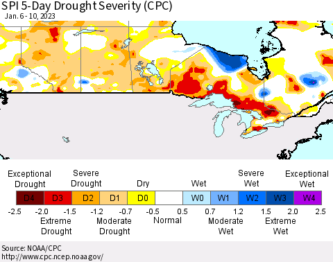 Canada SPI 5-Day Drought Severity (CPC) Thematic Map For 1/6/2023 - 1/10/2023