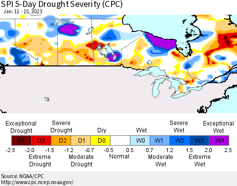 Canada SPI 5-Day Drought Severity (CPC) Thematic Map For 1/11/2023 - 1/15/2023