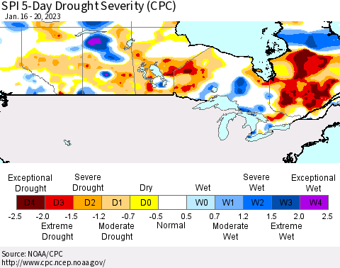 Canada SPI 5-Day Drought Severity (CPC) Thematic Map For 1/16/2023 - 1/20/2023