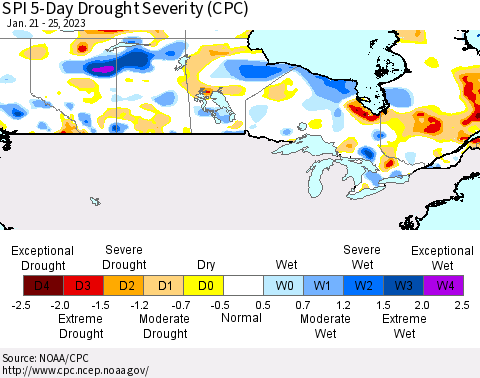 Canada SPI 5-Day Drought Severity (CPC) Thematic Map For 1/21/2023 - 1/25/2023