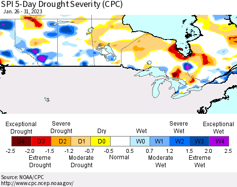 Canada SPI 5-Day Drought Severity (CPC) Thematic Map For 1/26/2023 - 1/31/2023