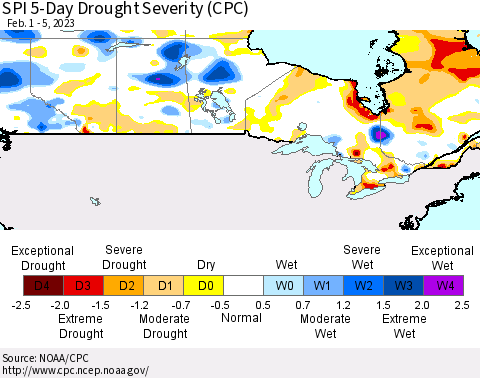 Canada SPI 5-Day Drought Severity (CPC) Thematic Map For 2/1/2023 - 2/5/2023