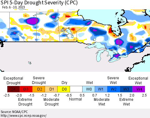 Canada SPI 5-Day Drought Severity (CPC) Thematic Map For 2/6/2023 - 2/10/2023