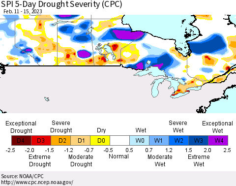 Canada SPI 5-Day Drought Severity (CPC) Thematic Map For 2/11/2023 - 2/15/2023