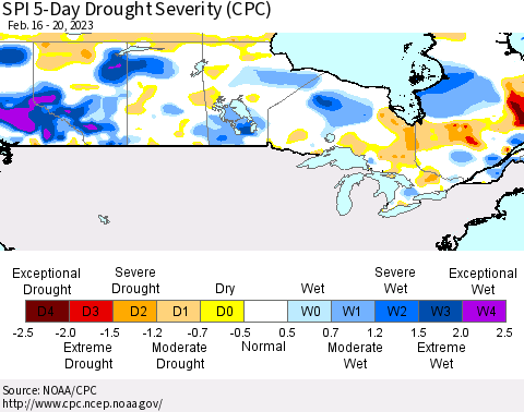 Canada SPI 5-Day Drought Severity (CPC) Thematic Map For 2/16/2023 - 2/20/2023
