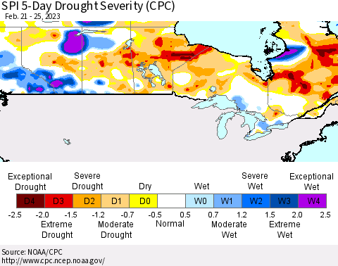 Canada SPI 5-Day Drought Severity (CPC) Thematic Map For 2/21/2023 - 2/25/2023