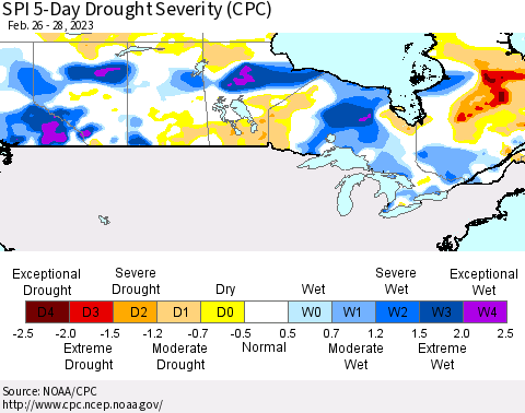 Canada SPI 5-Day Drought Severity (CPC) Thematic Map For 2/26/2023 - 2/28/2023