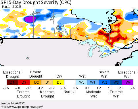 Canada SPI 5-Day Drought Severity (CPC) Thematic Map For 3/1/2023 - 3/5/2023