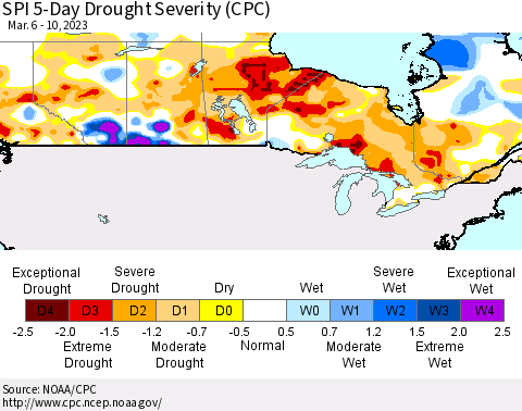 Canada SPI 5-Day Drought Severity (CPC) Thematic Map For 3/6/2023 - 3/10/2023