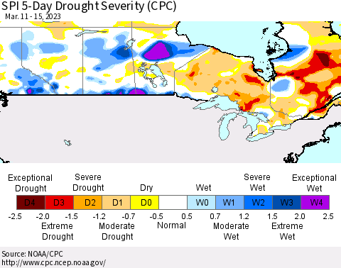 Canada SPI 5-Day Drought Severity (CPC) Thematic Map For 3/11/2023 - 3/15/2023