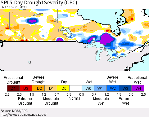 Canada SPI 5-Day Drought Severity (CPC) Thematic Map For 3/16/2023 - 3/20/2023