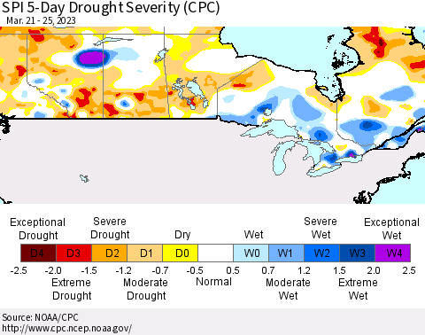 Canada SPI 5-Day Drought Severity (CPC) Thematic Map For 3/21/2023 - 3/25/2023