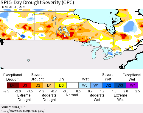 Canada SPI 5-Day Drought Severity (CPC) Thematic Map For 3/26/2023 - 3/31/2023