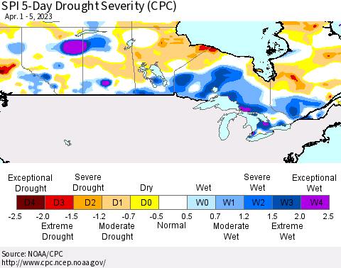 Canada SPI 5-Day Drought Severity (CPC) Thematic Map For 4/1/2023 - 4/5/2023