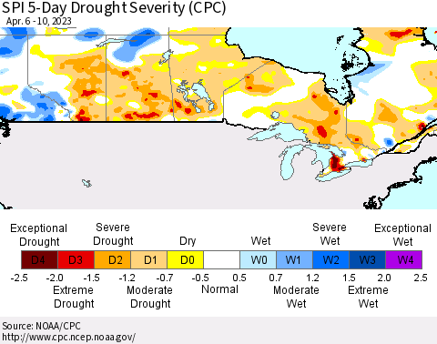 Canada SPI 5-Day Drought Severity (CPC) Thematic Map For 4/6/2023 - 4/10/2023