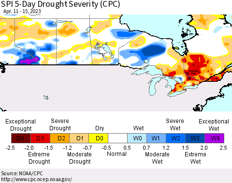 Canada SPI 5-Day Drought Severity (CPC) Thematic Map For 4/11/2023 - 4/15/2023