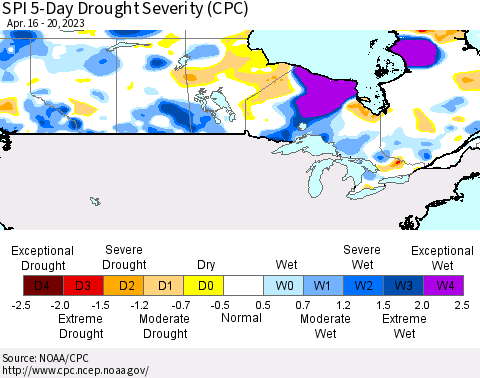 Canada SPI 5-Day Drought Severity (CPC) Thematic Map For 4/16/2023 - 4/20/2023