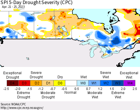 Canada SPI 5-Day Drought Severity (CPC) Thematic Map For 4/21/2023 - 4/25/2023