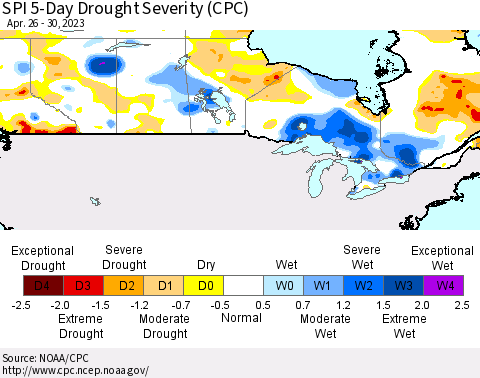Canada SPI 5-Day Drought Severity (CPC) Thematic Map For 4/26/2023 - 4/30/2023