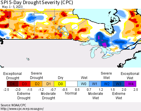 Canada SPI 5-Day Drought Severity (CPC) Thematic Map For 5/1/2023 - 5/5/2023
