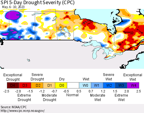 Canada SPI 5-Day Drought Severity (CPC) Thematic Map For 5/6/2023 - 5/10/2023