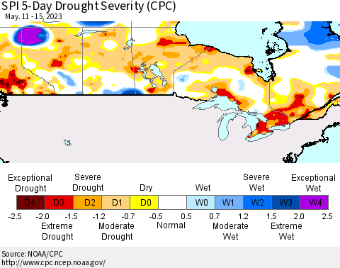 Canada SPI 5-Day Drought Severity (CPC) Thematic Map For 5/11/2023 - 5/15/2023