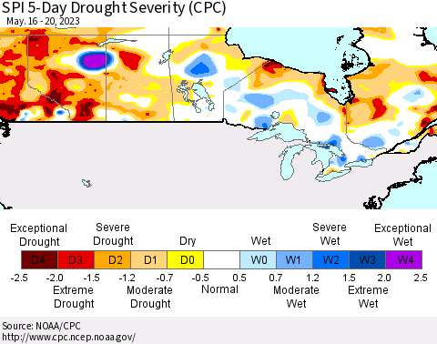 Canada SPI 5-Day Drought Severity (CPC) Thematic Map For 5/16/2023 - 5/20/2023