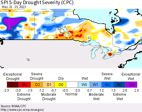 Canada SPI 5-Day Drought Severity (CPC) Thematic Map For 5/21/2023 - 5/25/2023