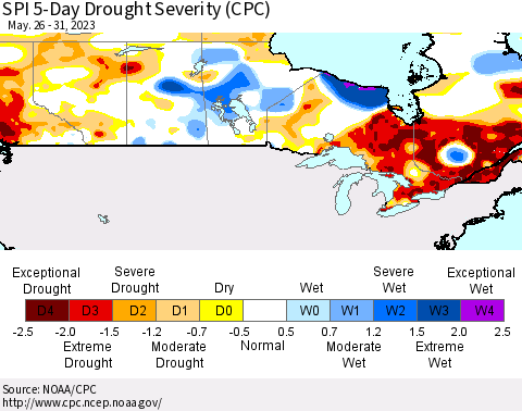 Canada SPI 5-Day Drought Severity (CPC) Thematic Map For 5/26/2023 - 5/31/2023