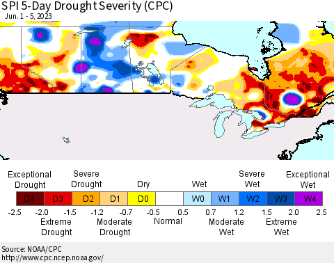 Canada SPI 5-Day Drought Severity (CPC) Thematic Map For 6/1/2023 - 6/5/2023