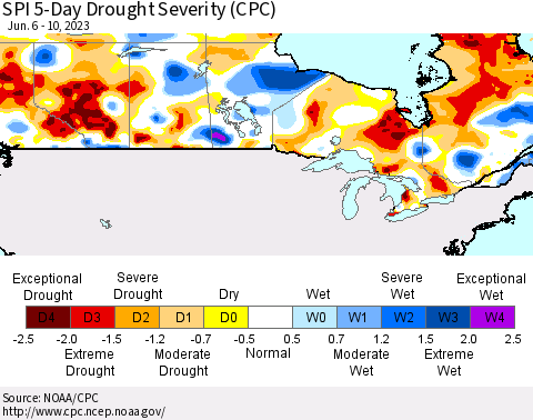 Canada SPI 5-Day Drought Severity (CPC) Thematic Map For 6/6/2023 - 6/10/2023