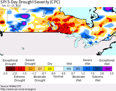 Canada SPI 5-Day Drought Severity (CPC) Thematic Map For 6/11/2023 - 6/15/2023