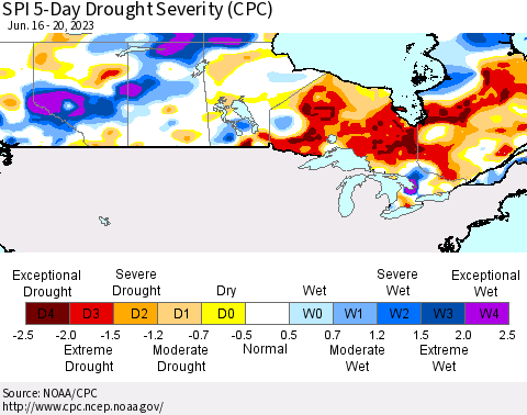 Canada SPI 5-Day Drought Severity (CPC) Thematic Map For 6/16/2023 - 6/20/2023