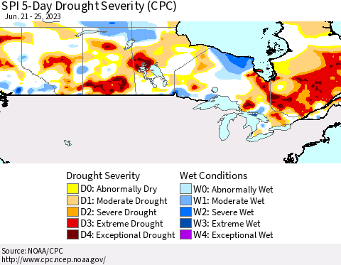 Canada SPI 5-Day Drought Severity (CPC) Thematic Map For 6/21/2023 - 6/25/2023