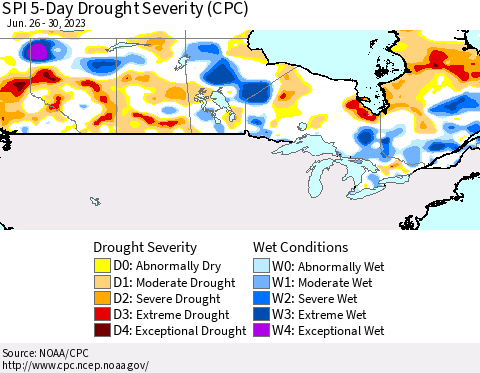 Canada SPI 5-Day Drought Severity (CPC) Thematic Map For 6/26/2023 - 6/30/2023