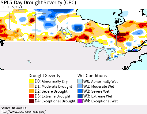 Canada SPI 5-Day Drought Severity (CPC) Thematic Map For 7/1/2023 - 7/5/2023